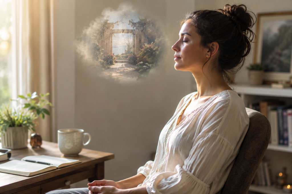 Woman practicing clairvoyance while visualizing an image through her mind’s eye