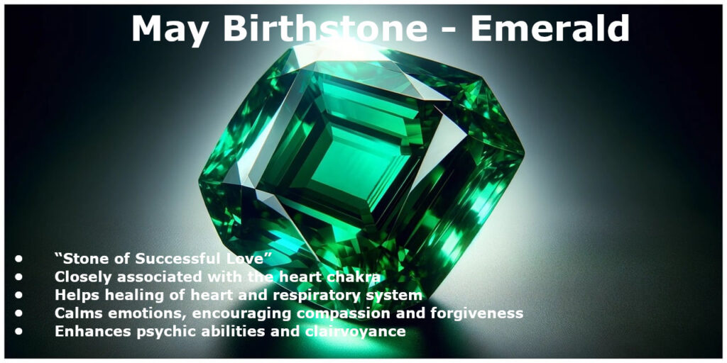 Emerald gemstone for May birthstone with spiritual and healing meanings listed, including heart chakra and clairvoyance