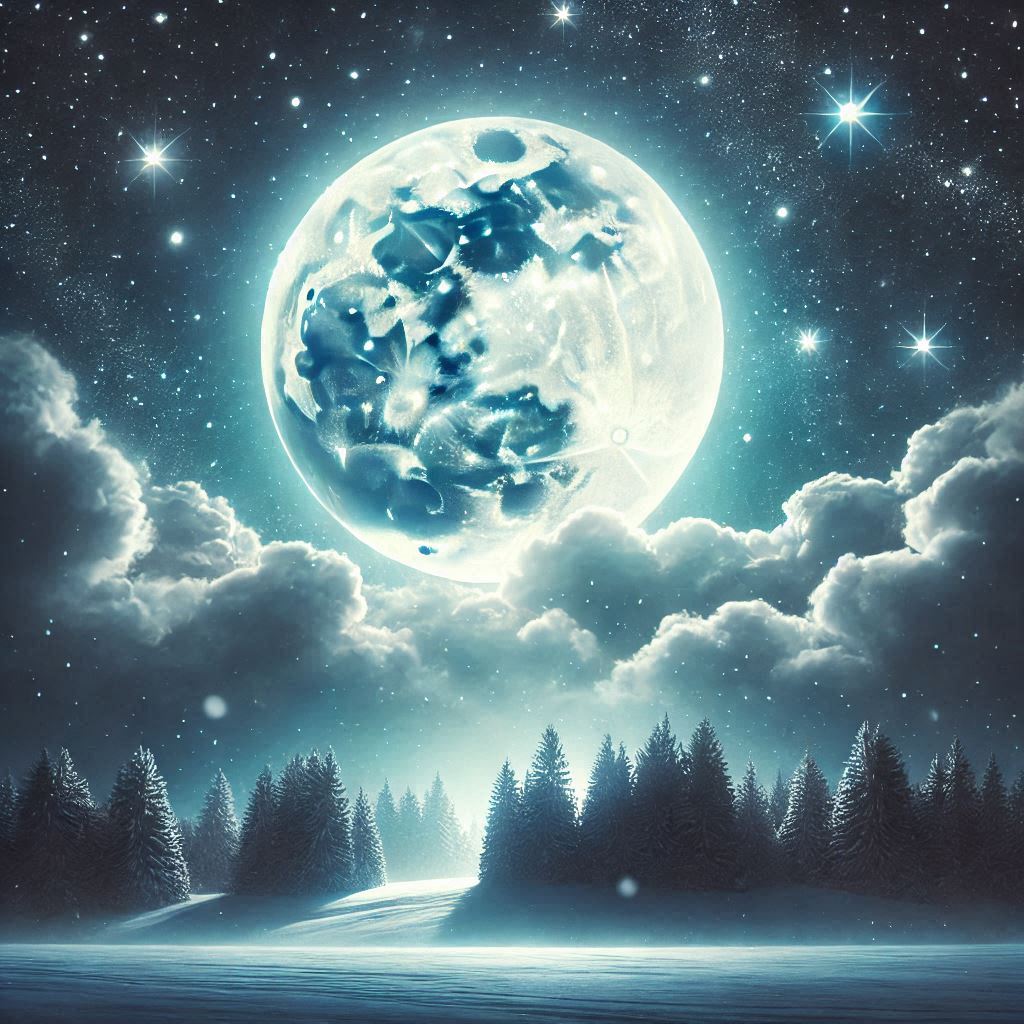 Full Cold Moon illuminating a snowy forest landscape at night, surrounded by stars and clouds, symbolizing the December full moon's serene winter energy.