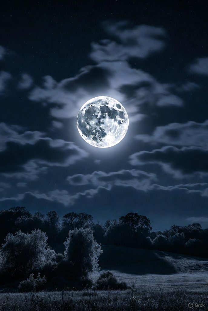 December Cold Moon rising over a snowy forest at dusk.