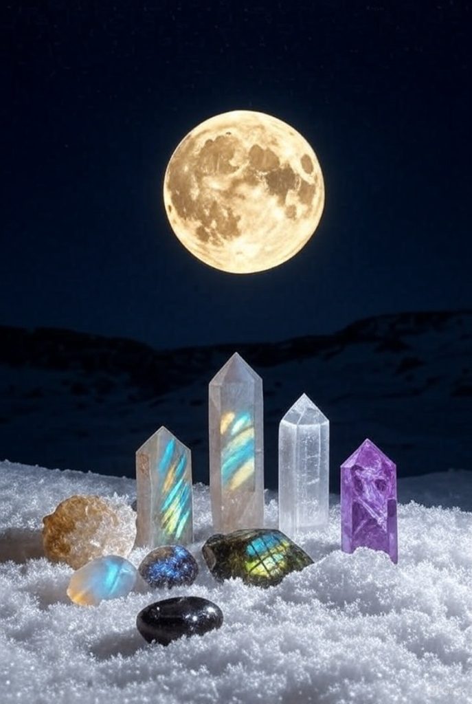 A luminous full Cold Moon shining over a snowy midnight landscape, with moon-charged crystals (moonstone, labradorite, amethyst, selenite, clear quartz, snowflake obsidian) arranged in a glowing circle on the frosted ground beneath the moon’s silver light.