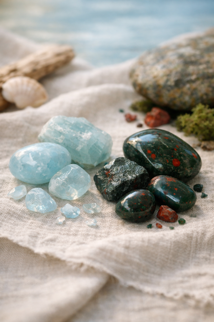 Aquamarine and bloodstone crystals in soft light, representing March birthstones for clarity and protection.