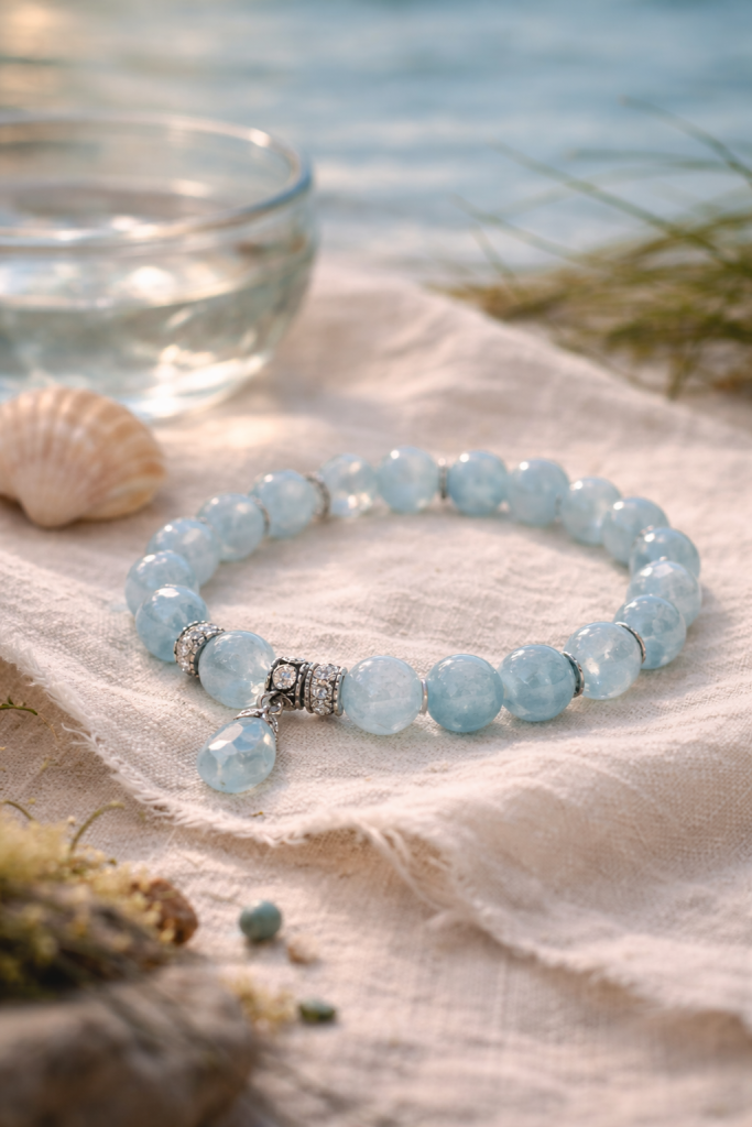 Aquamarine bracelet with sea-inspired elements, symbolizing calm communication and clarity.