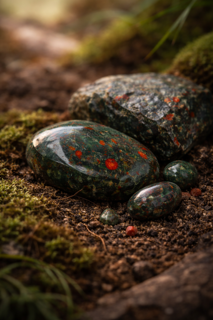 Bloodstone crystal on earth, symbolizing protection, grounding, and resilience.