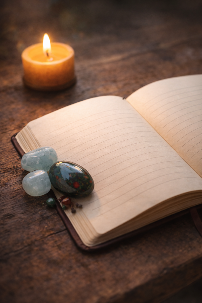 Journal, candle, and March birthstones set for intention, clarity, and protection.