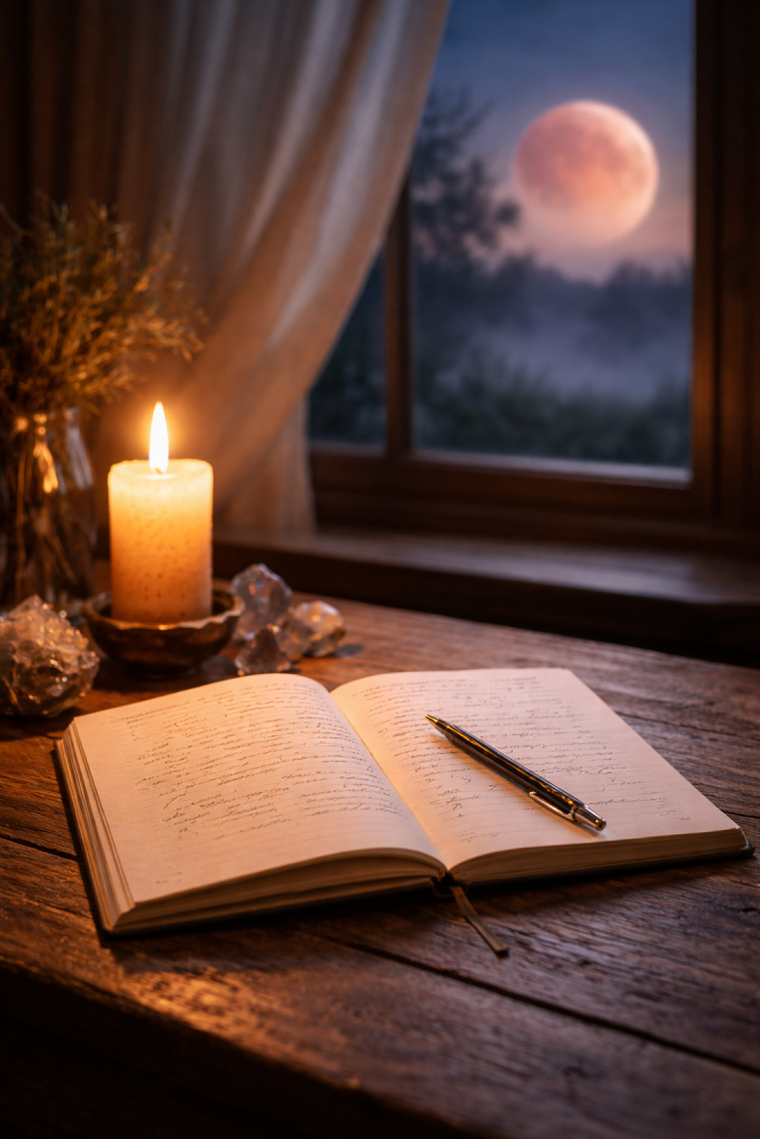 A journal and candle in moonlight, symbolizing intention setting and spiritual reflection during the Worm Moon.