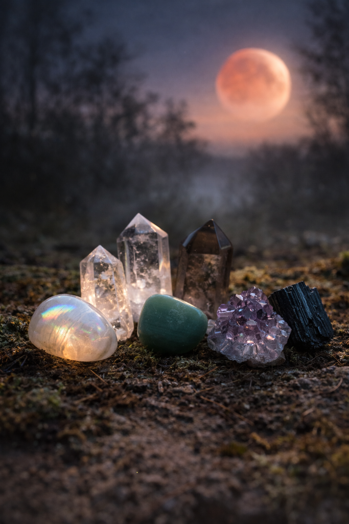 Crystals under moonlight with a gentle eclipse glow, supporting grounding, renewal, and intuition during the Worm Moon.