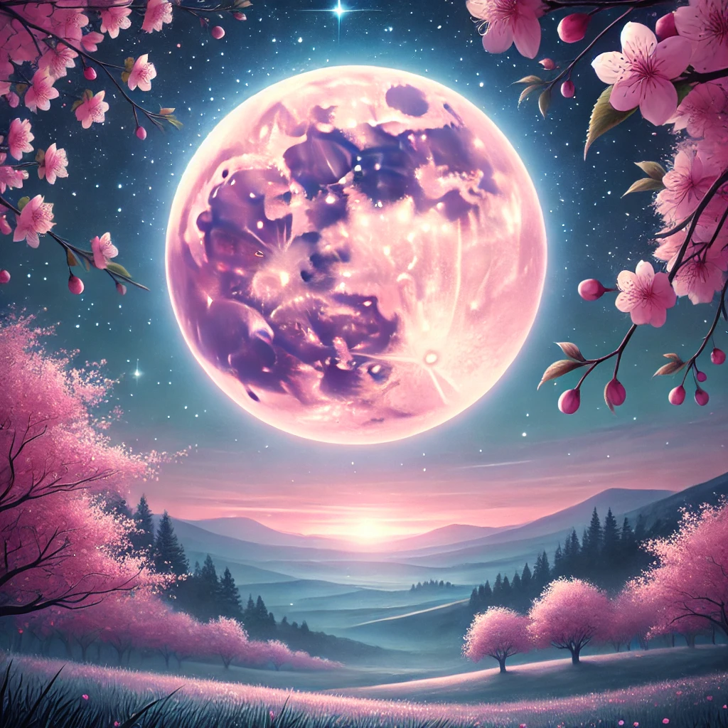 April full Pink Moon glowing in a starry spring night sky above cherry blossoms and hills – symbolic of rebirth and seasonal change.