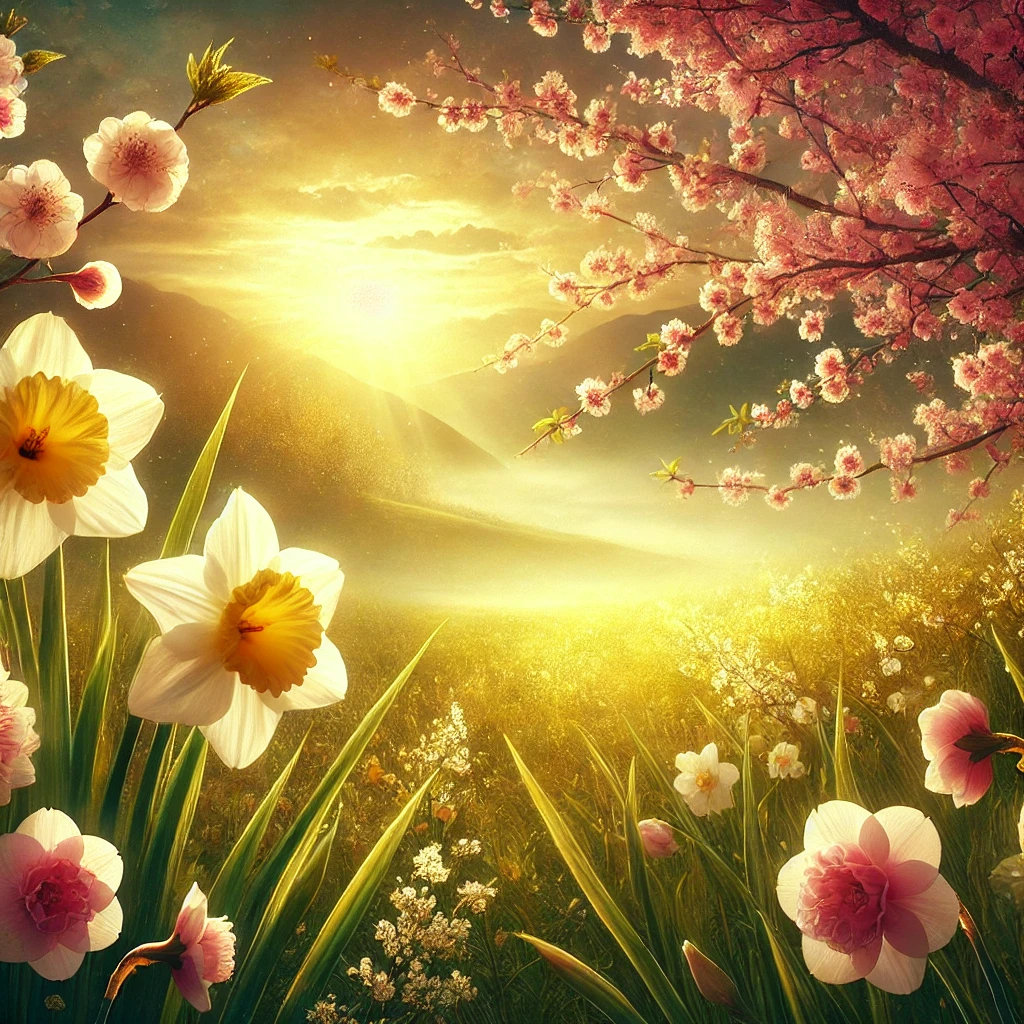 Golden sunrise over a spring meadow filled with blooming daffodils and cherry blossoms, symbolizing renewal and seasonal awakening.
