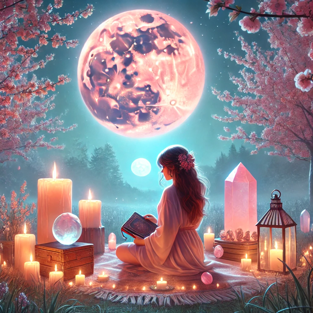 Woman performing a spiritual full moon ritual under the April Pink Moon, surrounded by candles, crystals, and cherry blossoms in a peaceful spring night setting.