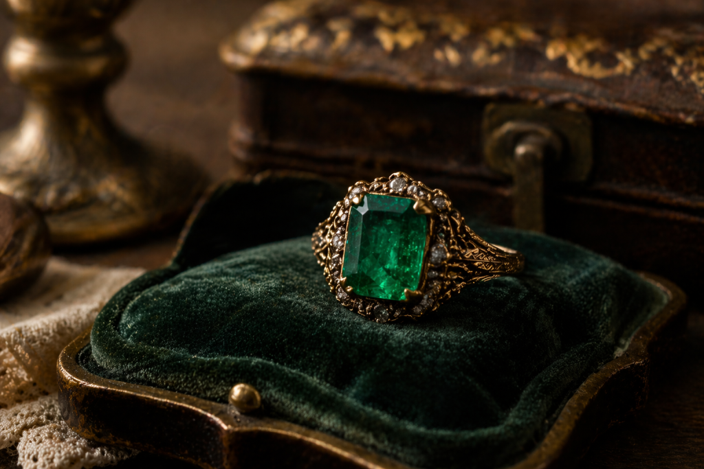 Antique emerald jewelry reflecting the long history and timeless beauty of the May birthstone.