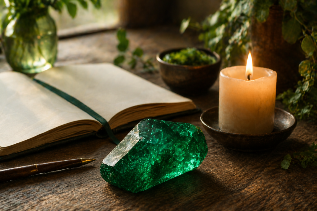 Emerald crystal beside a candle and journal, symbolizing spiritual reflection, heart healing, and intuitive growth.