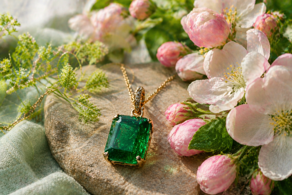 Emerald pendant with spring flowers, symbolizing renewal, beauty, and the heart-centered energy of May.