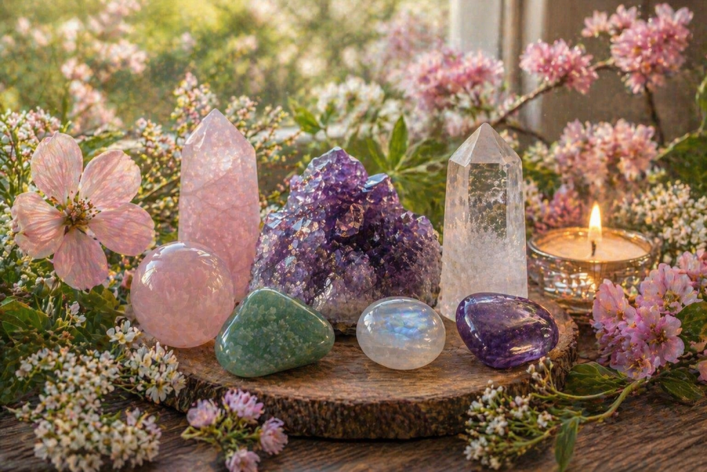 Crystals arranged with spring flowers and soft natural light to reflect the Flower Moon’s energy.