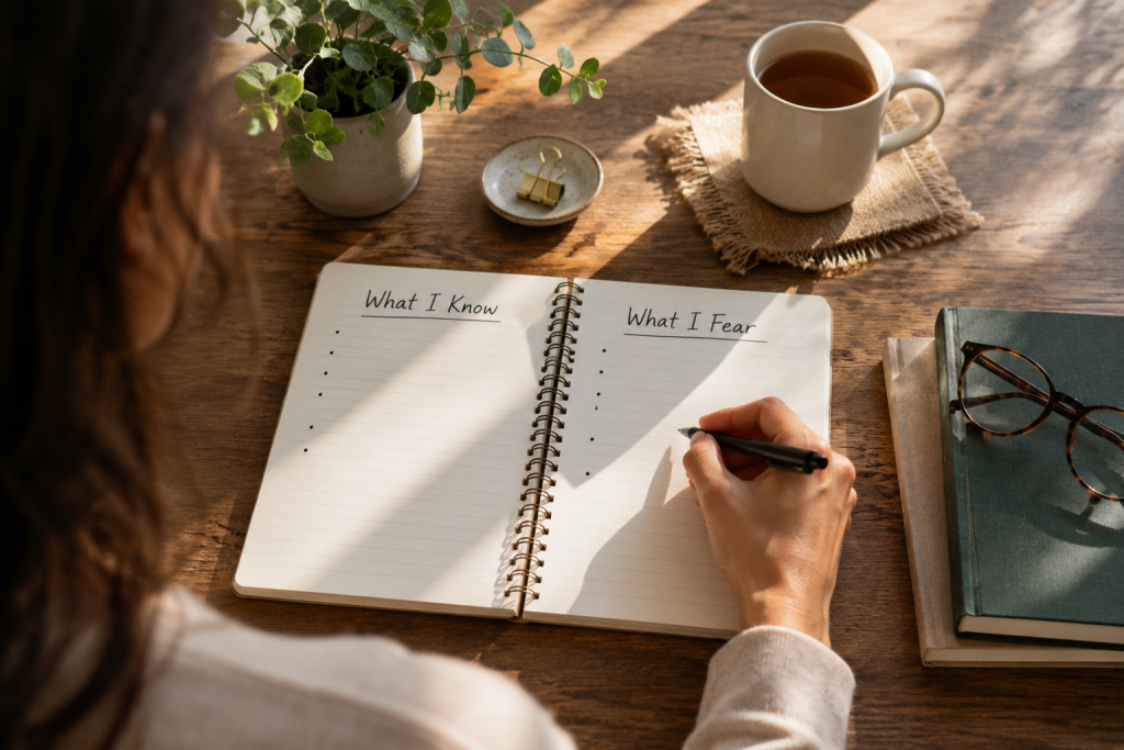 Notebook exercise separating known facts from anxious fears