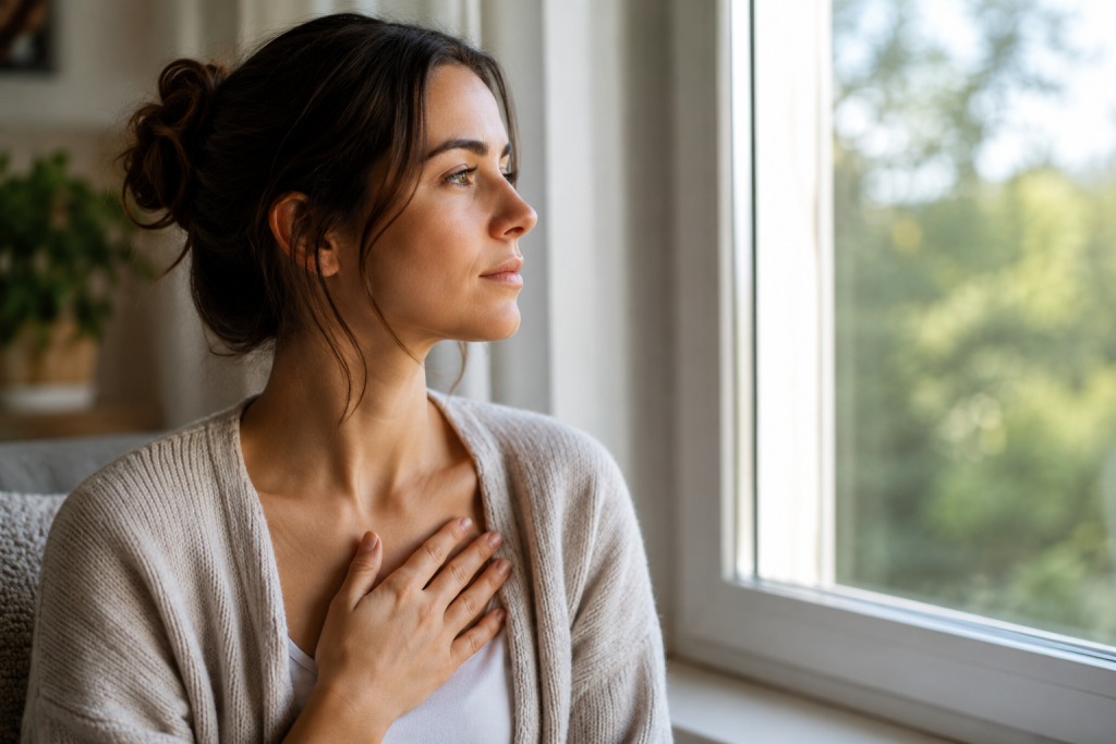 Person pausing quietly to distinguish intuition from anxiety