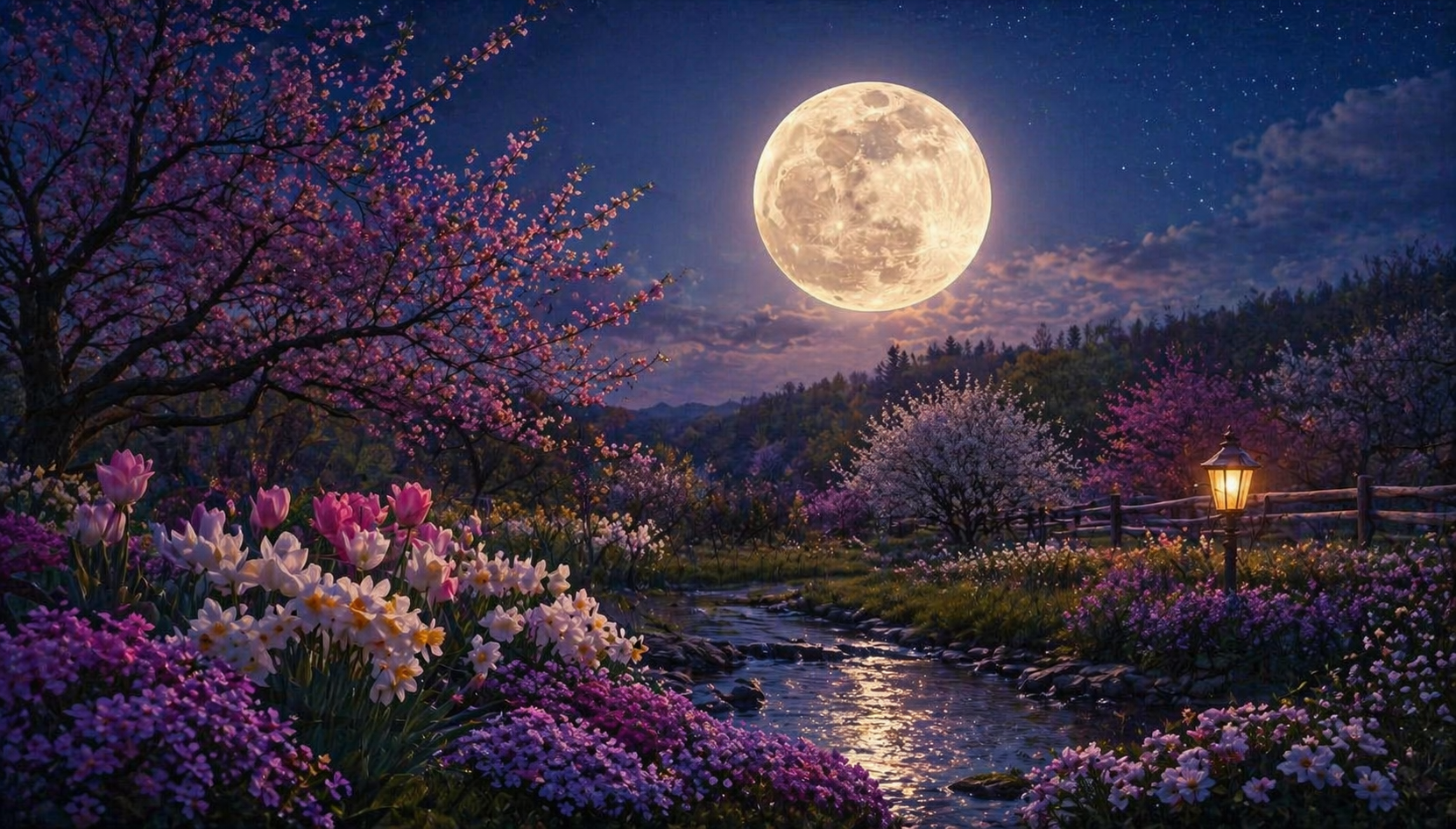 The May Flower Moon glowing over a peaceful spring landscape in bloom.