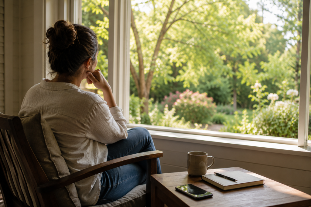 A person sitting quietly near an open window and listening to their inner guidance.