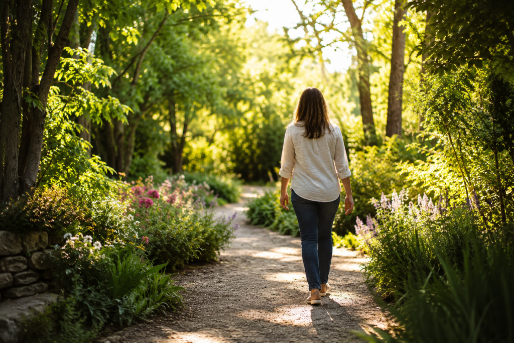 A person walking along a quiet sunlit summer path while taking time for reflection.