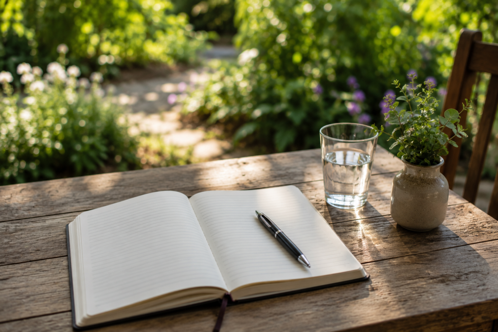 An open journal on an outdoor table used to reflect on intuitive insights and personal clarity.