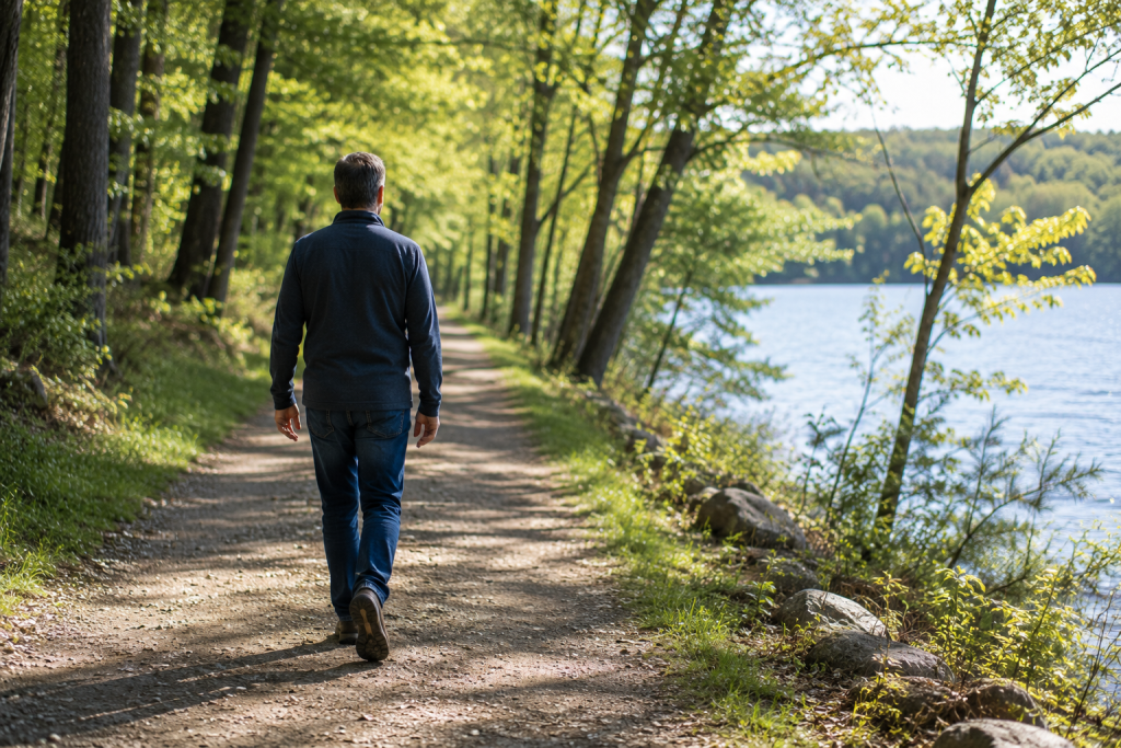 A person walking calmly forward while exploring psychic awareness gradually and responsibly.