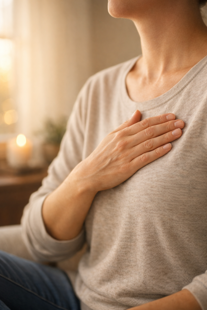 Person with hand over heart in warm light, symbolizing emotional mediumship and receiving messages through feeling.