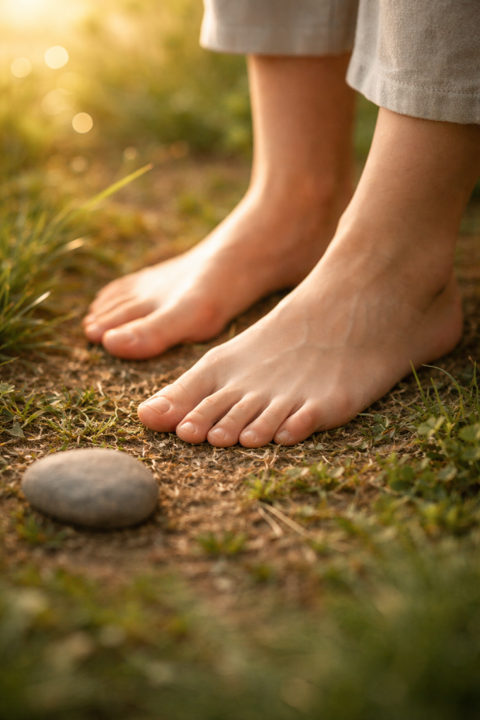 Bare feet on natural ground in soft sunlight, symbolizing grounding and nervous system regulation before intuitive work.