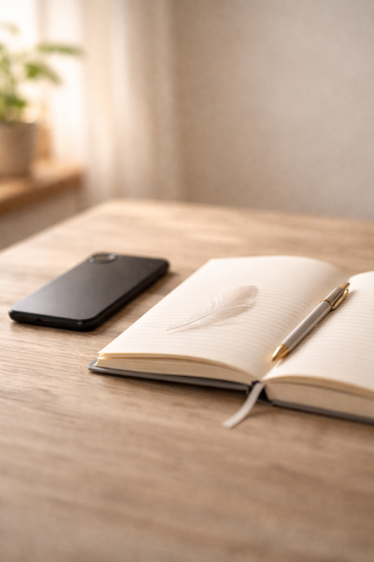 A phone placed facedown beside a journal to create healthier boundaries with information.