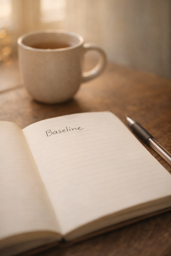 Open journal and pen beside a warm mug, representing grounding and tracking emotional baseline for clairsentience.