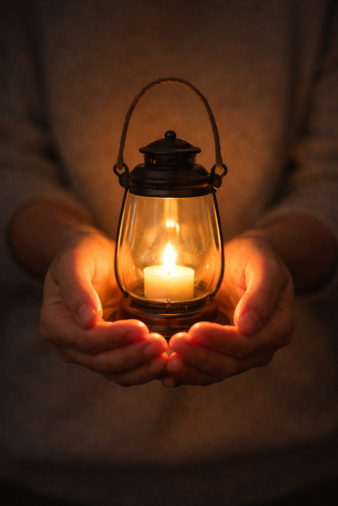 Hands holding a softly glowing lantern, symbolizing steady protection and guidance.