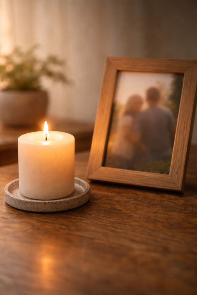 Steady candle beside a framed photo in soft light, symbolizing Spirit communication through emotion, love, and memory.