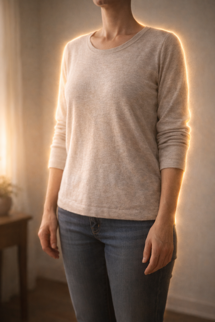 Person standing calmly with a soft light outline, representing energetic boundaries and closing down after mediumship work.