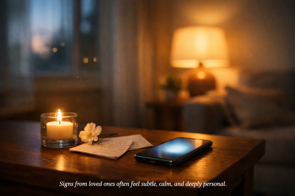 Phone glowing beside a candle and note in a calm living room, symbolizing signs from loved ones through technology.