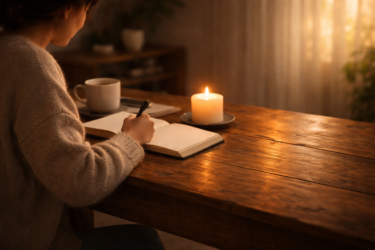 A person journaling at a warmly lit table beside a candle, symbolizing spiritual reflection and connection.