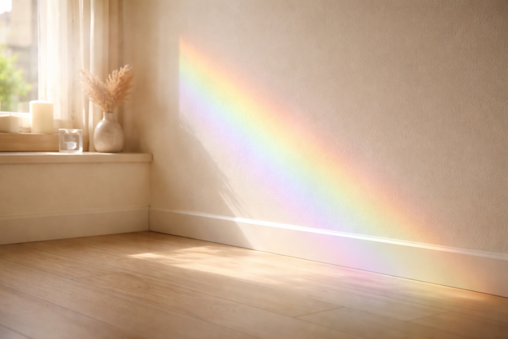 Prism light casting gentle rainbow colors, symbolizing spirit colors and energy signatures.