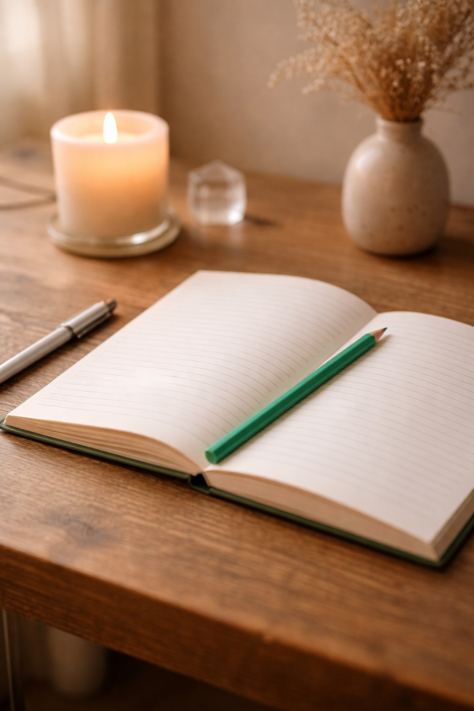 ournal and a single colored pencil beside a candle, representing noticing spirit colors as signs from Spirit.