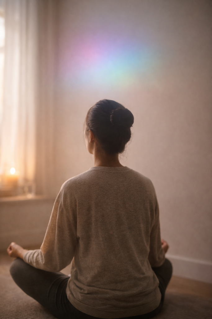 Person meditating with a soft wash of color above them, symbolizing spirit colors and clairvoyant energy signatures.