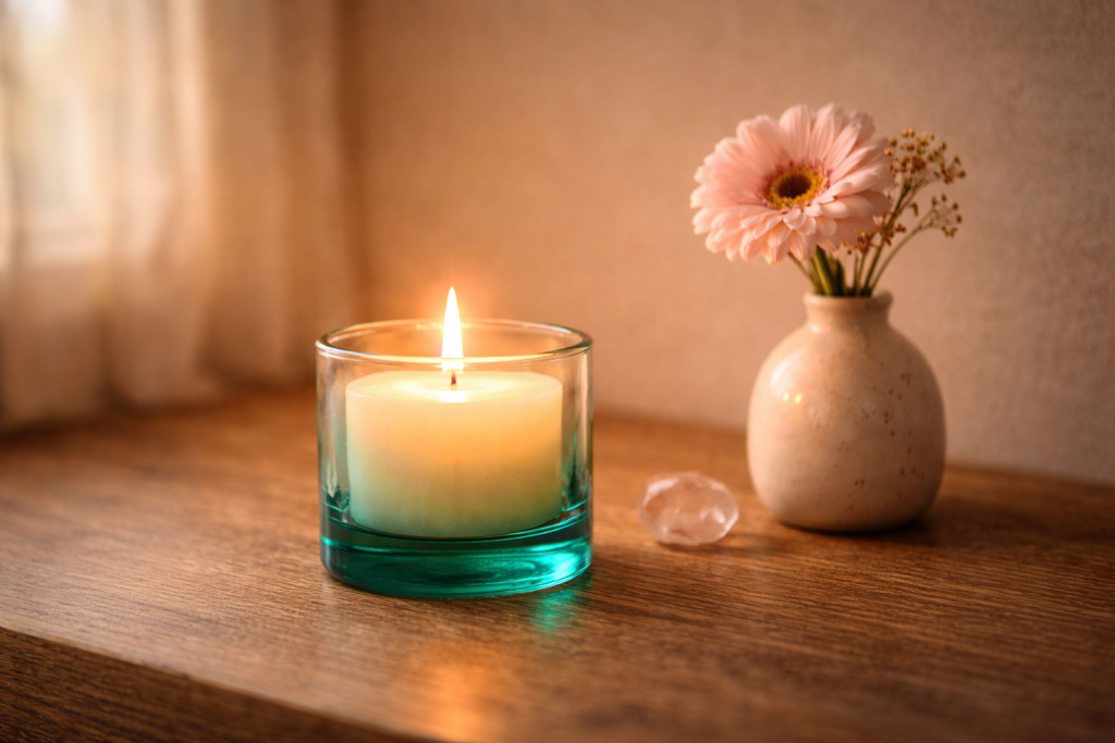 Candle in a colored glass holder beside a flower, symbolizing honoring spirit colors as signs from loved ones.