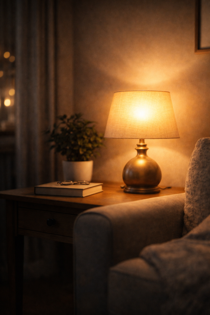 A cozy lamp softly pulsing in a calm room, representing flickering lights as a possible spirit sign.