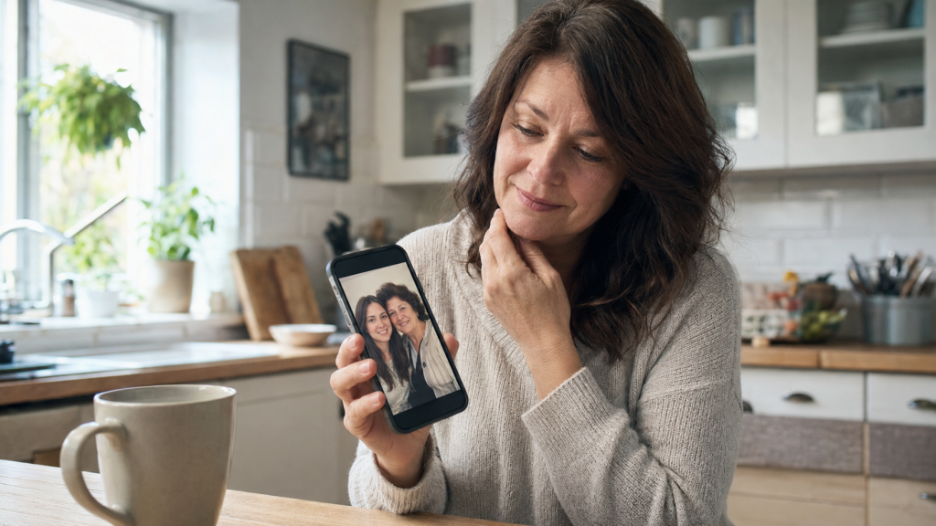 A woman receiving a meaningful photo memory on her phone from someone she loved in Spirit