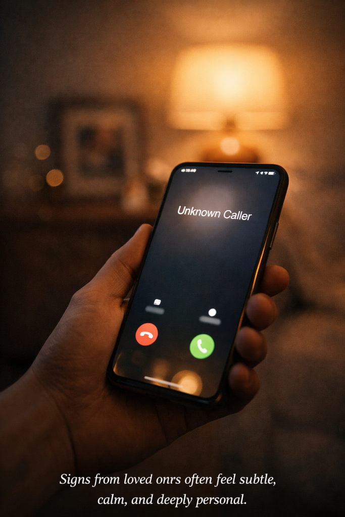 Hand holding a softly glowing phone with an unknown call in warm lamplight, representing possible phone signs from loved ones.