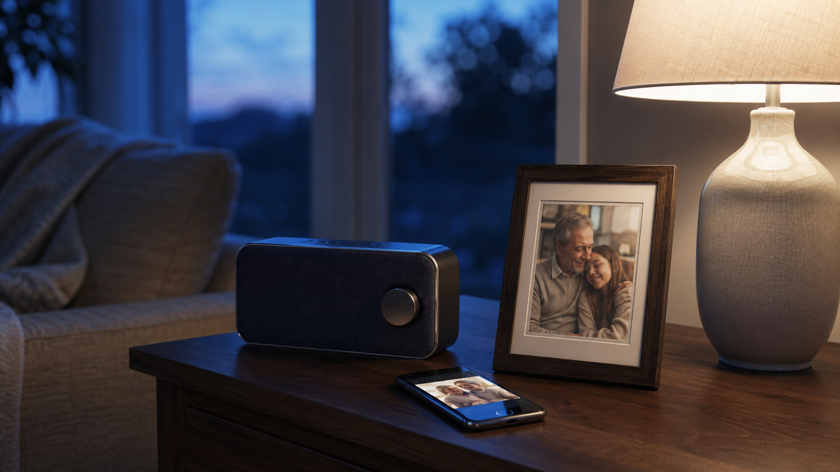 A phone, radio, lamp, and family photograph representing signs from loved ones in Spirit