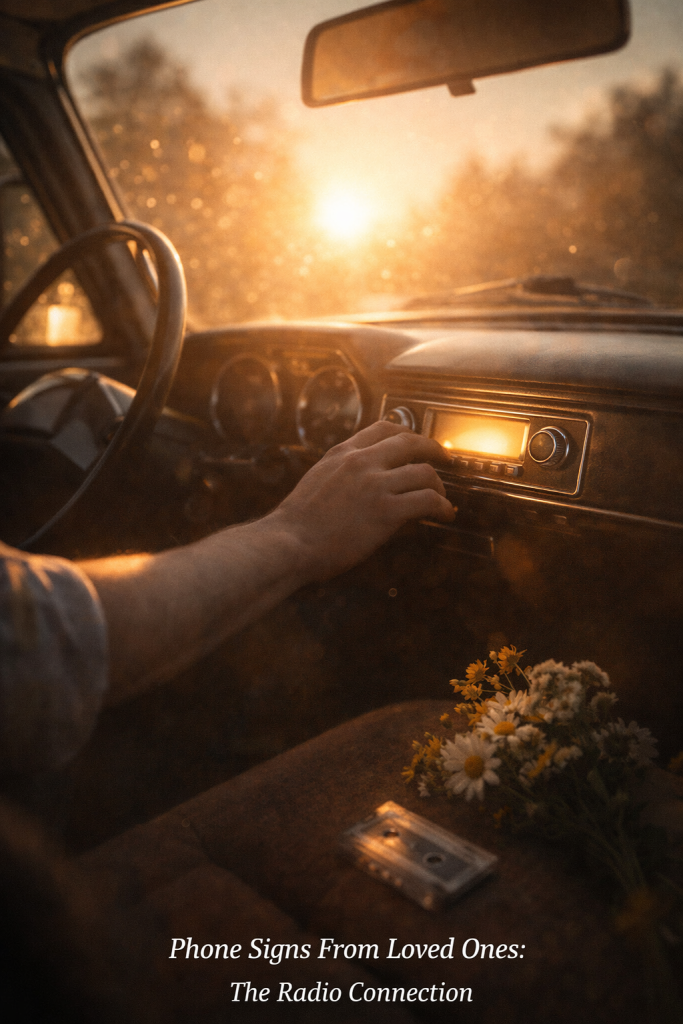 Warm sunlight over a car radio and small keepsake, symbolizing songs as signs from loved ones.