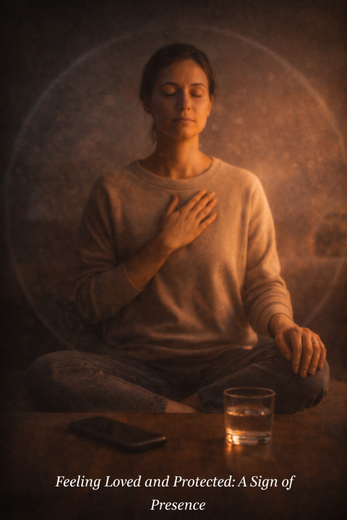 Person meditating with hand on heart beside a phone turned face down, symbolizing spiritual boundaries and calm discernment.