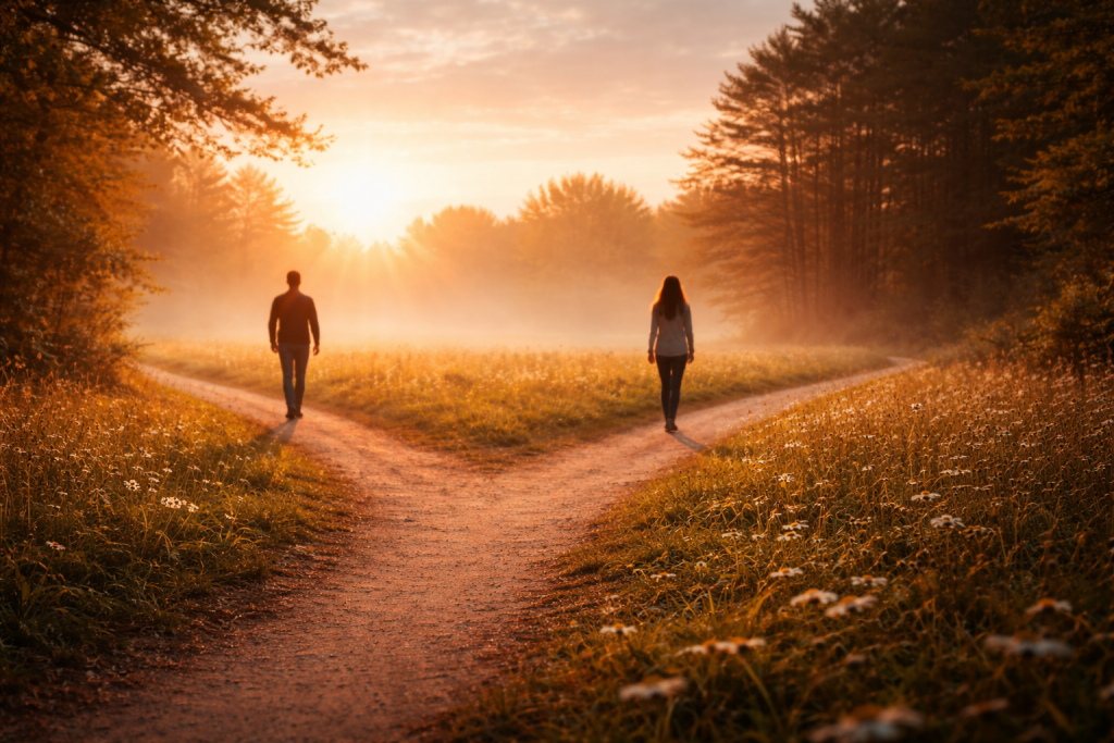 A sunrise at a crossroads with two figures walking separate paths, symbolizing relationships that change our direction.