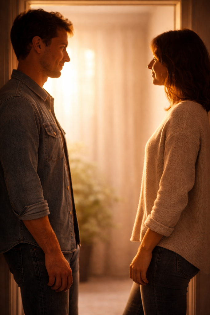 Two people paused in a softly lit doorway, suggesting an instant feeling of recognition and soul-level familiarity.
