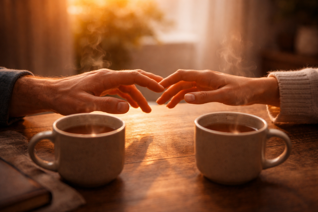 Two hands reaching toward each other near warm tea mugs, symbolizing soulful recognition and aligned connection.  Soul Families