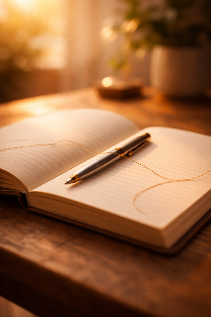 An open journal with a pen and a delicate thread across the page, symbolizing meaningful connections and life lessons.