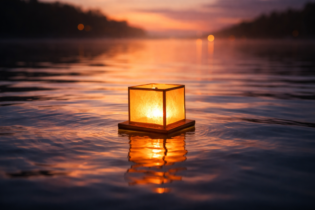 A glowing lantern drifting on calm water at dusk symbolizes release, healing, and moving forward with peace.