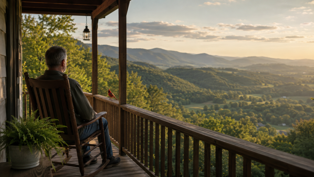A man in a rocking chair overlooking a valley as a cardinal appears beside him